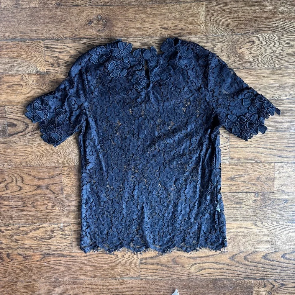 Blue Tassel Floral Lace Short Sleeve Blouse | Black | Women’s XS